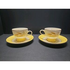 Century Service Autumn Gold Teacup & Saucer Sets of 2 Wheat 22K Gold Vintage MCM